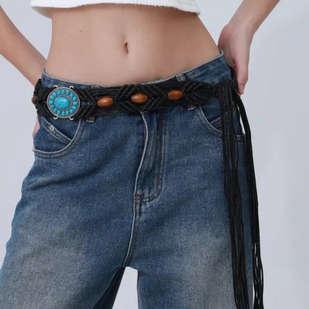 Braided Waist Rope Belt Black Adjustable Boho